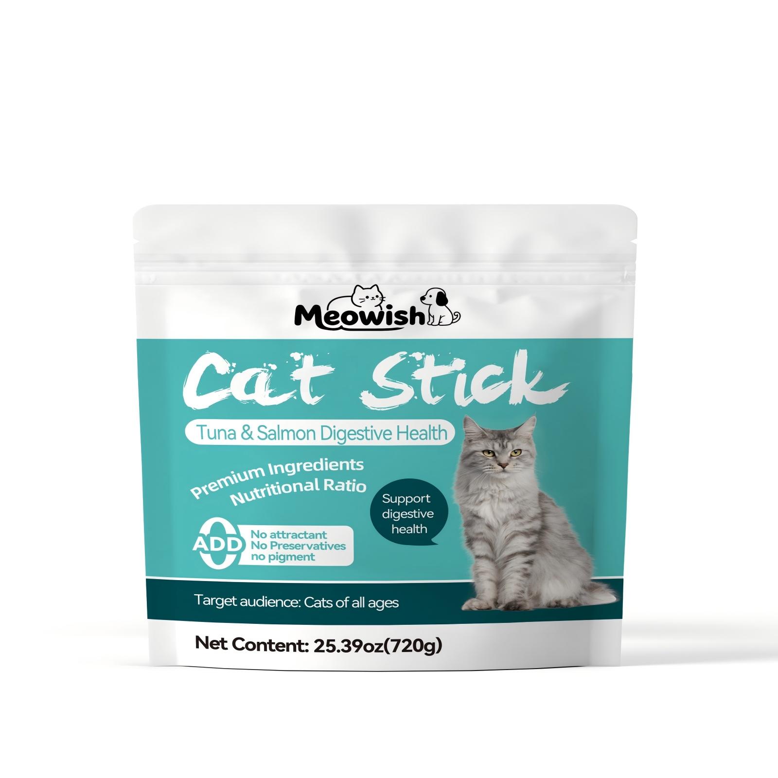 Meowish Lickable Cat Treats 48 Sticks Tuna & Salmon Digestive Support Puree Sticks for All Ages Cats 720g/25.39oz No Preservatives or Artificial Additives